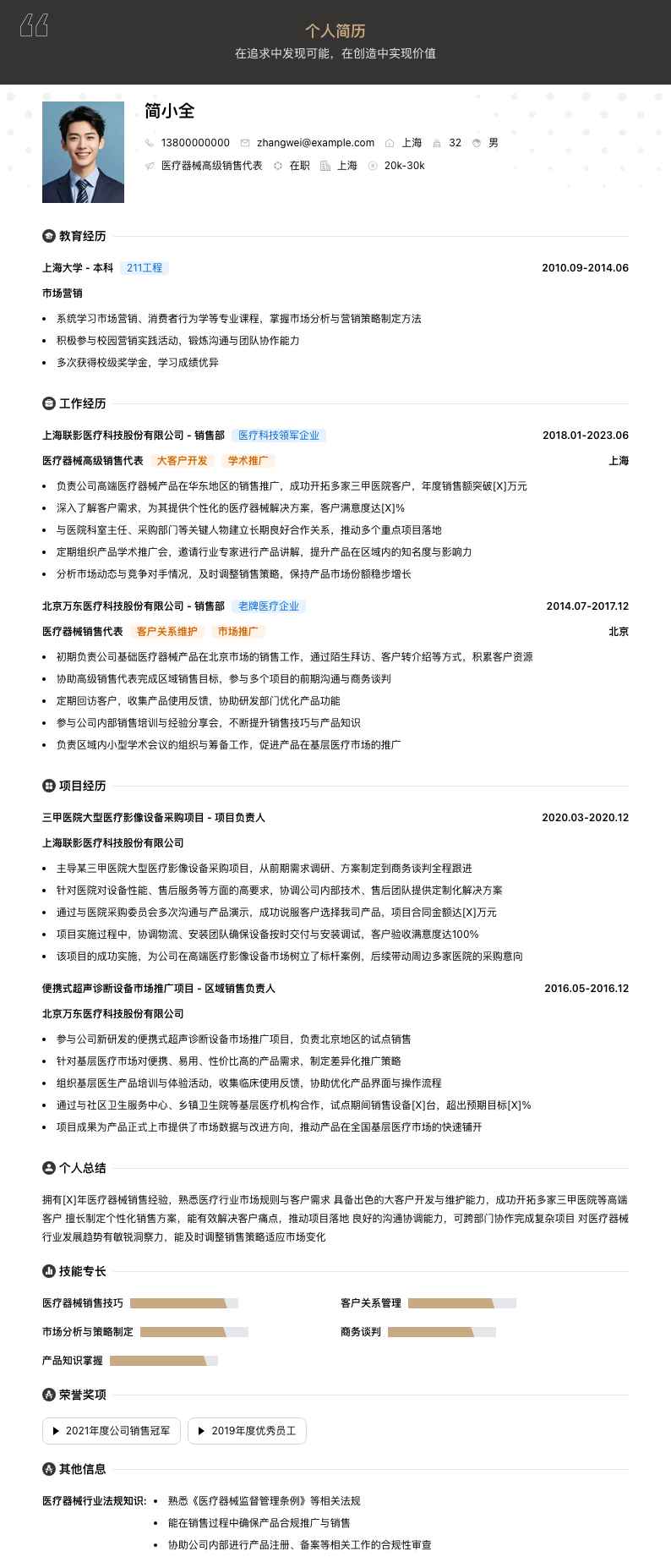 医疗器械高级销售代表简历模板
