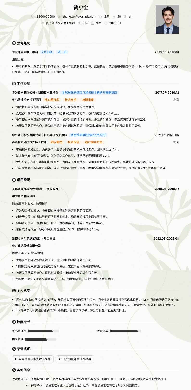 核心网技术支持工程师简历模板