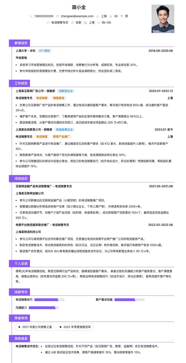 电话销售专员简历模板