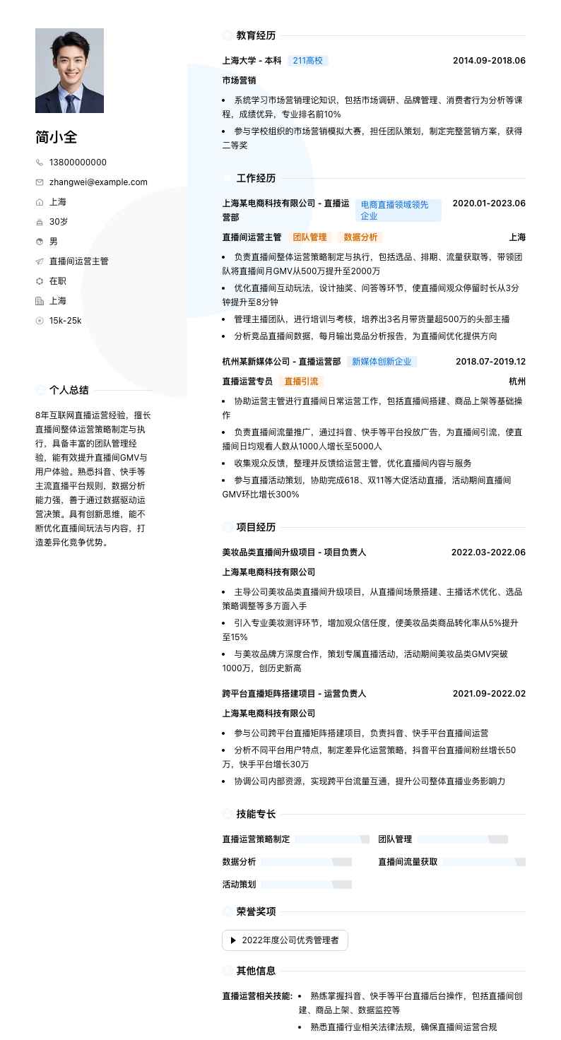 直播间运营主管简历模板