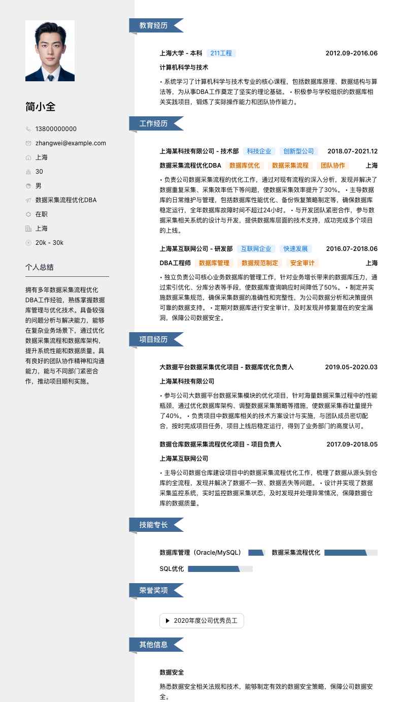 数据采集流程优化DBA简历模板