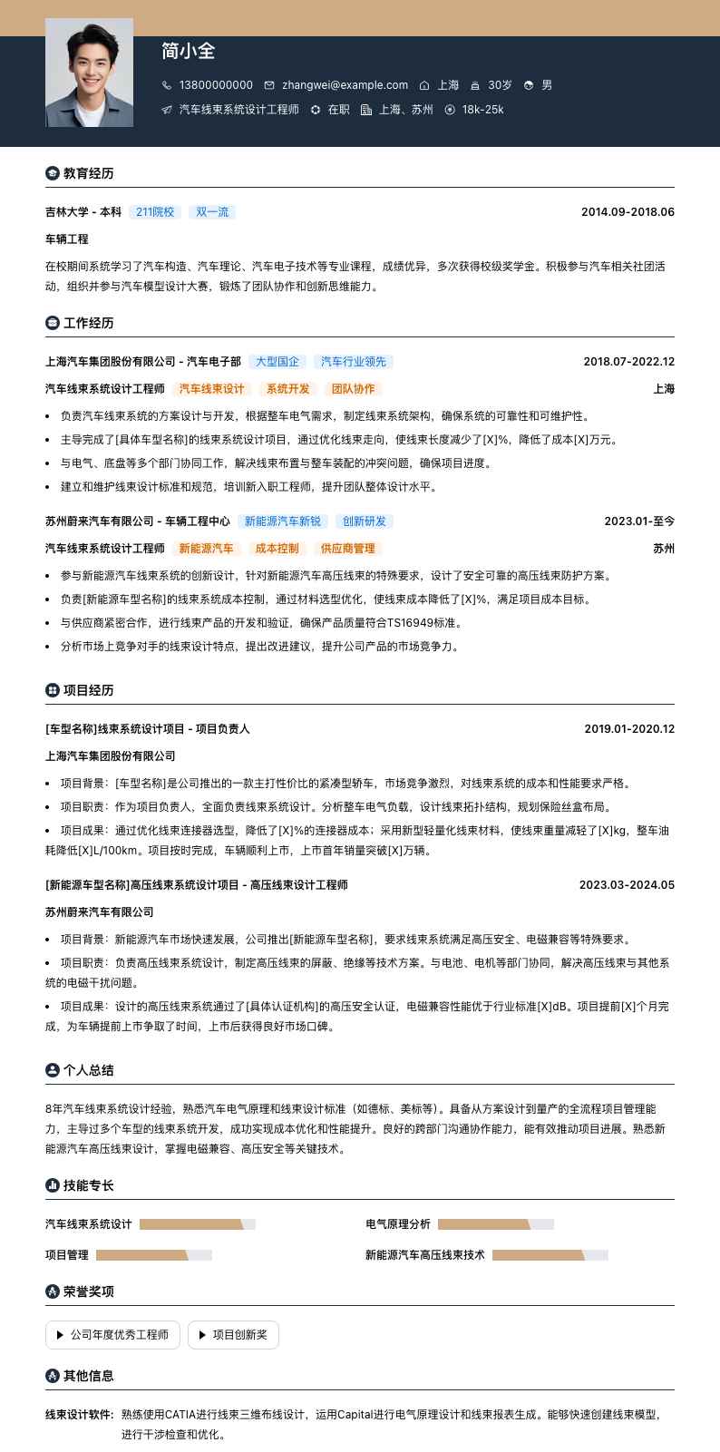 汽车线束系统设计工程师简历模板