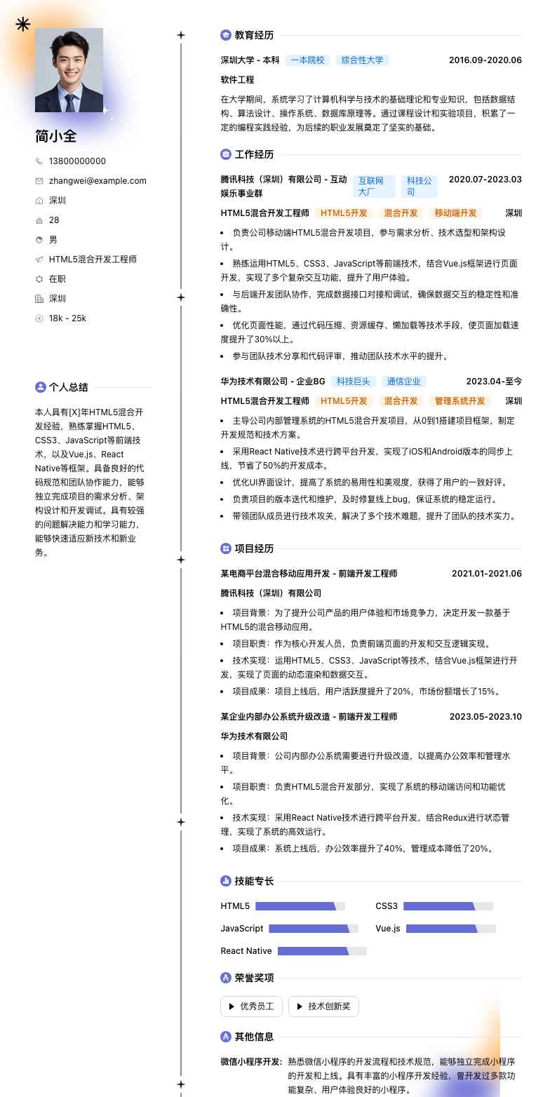 HTML5混合开发工程师简历模板