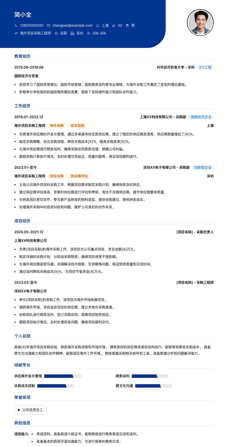 海外项目采购工程师简历模板