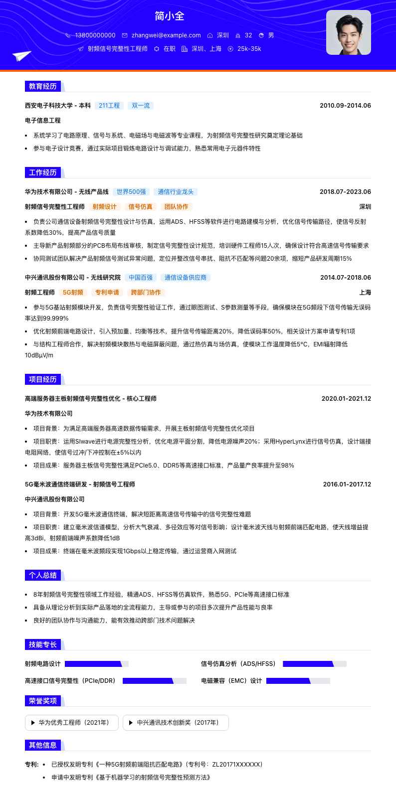 射频信号完整性工程师简历模板