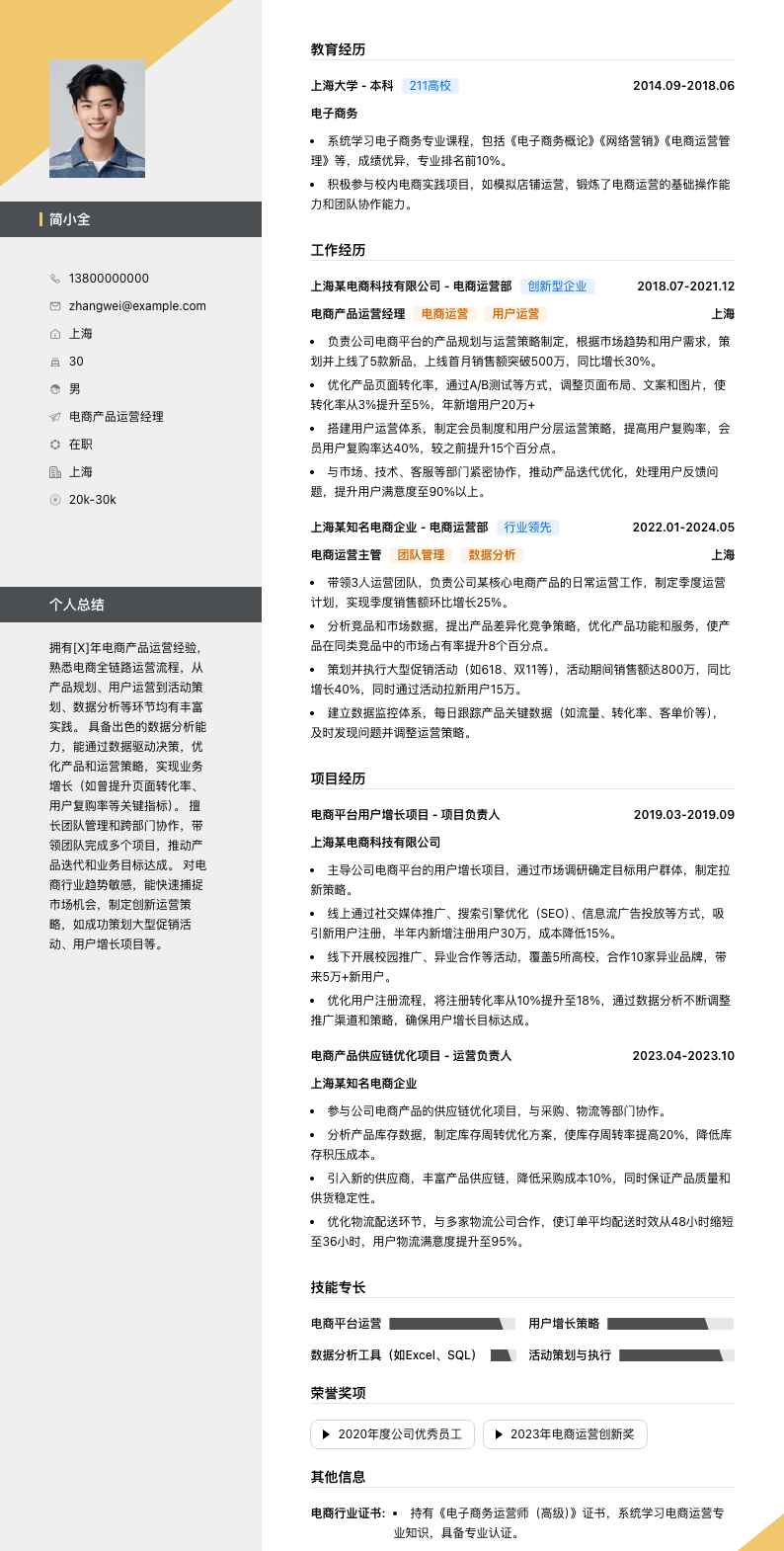 电商产品运营经理简历模板