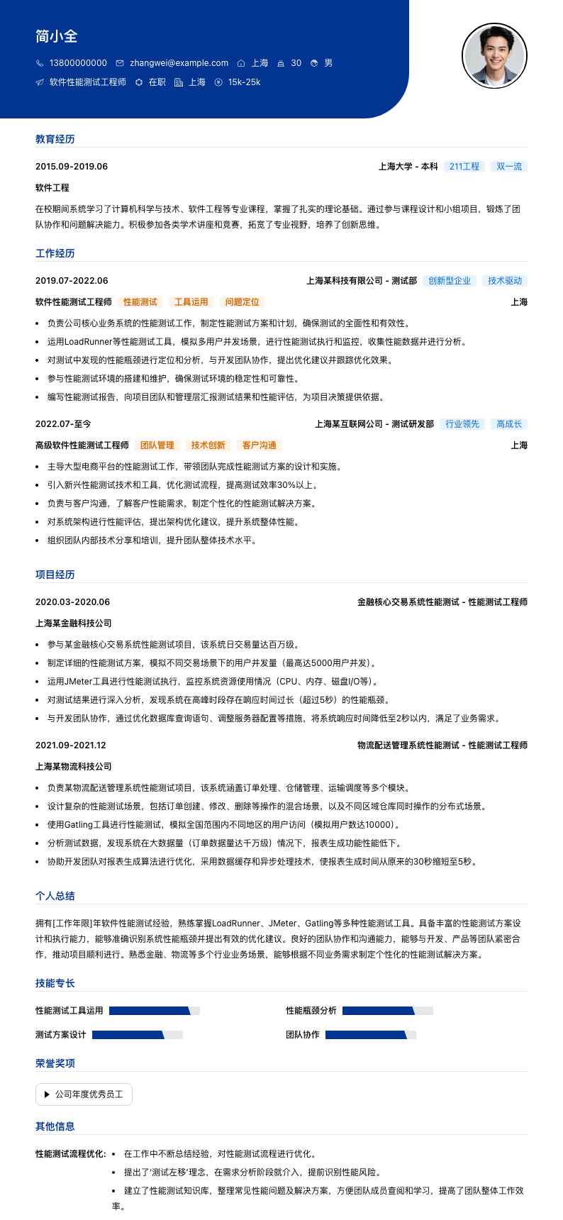 软件性能测试工程师简历模板
