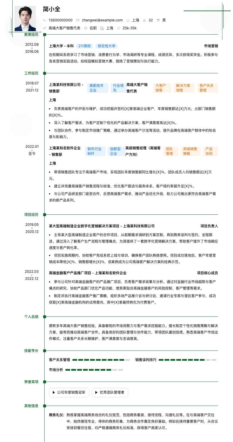 高端大客户销售代表简历模板