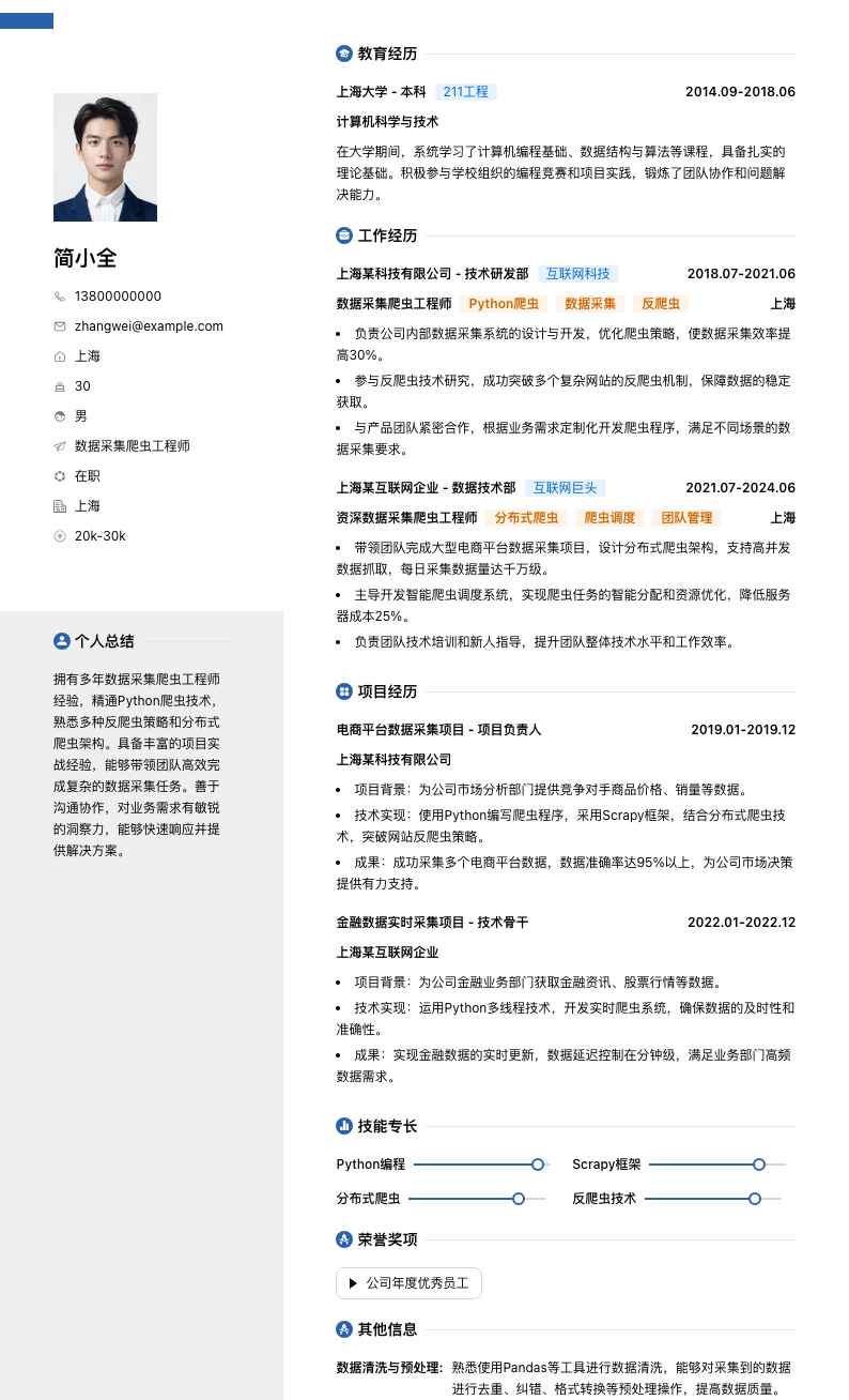 数据采集爬虫工程师简历模板