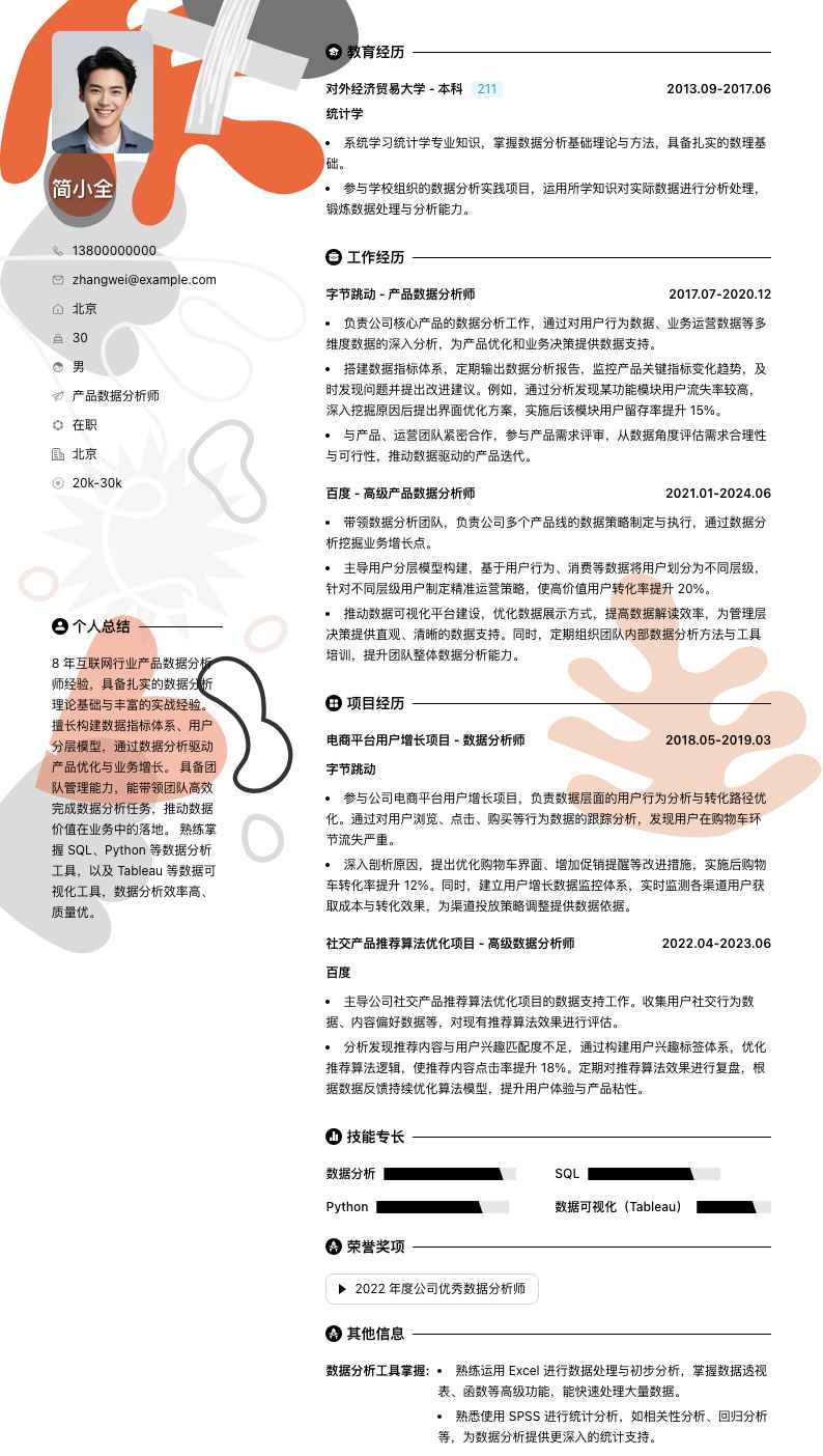 产品数据分析师简历模板