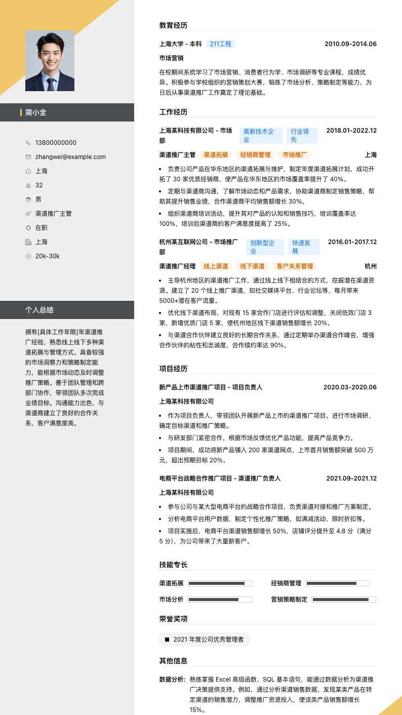 渠道推广主管简历模板