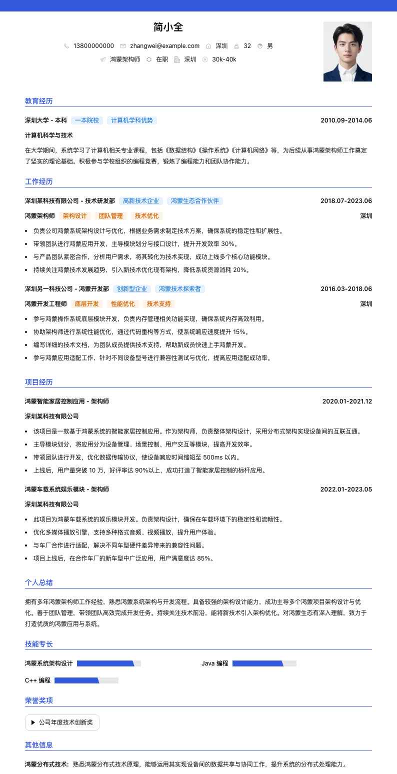 鸿蒙架构师简历模板