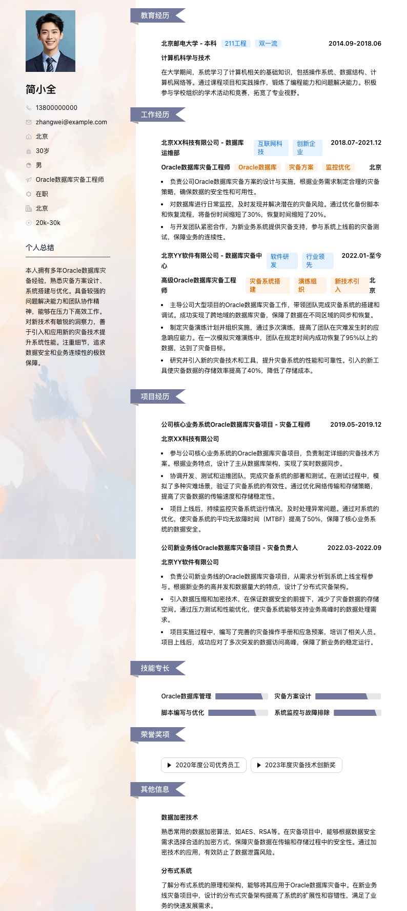 Oracle数据库灾备工程师简历模板