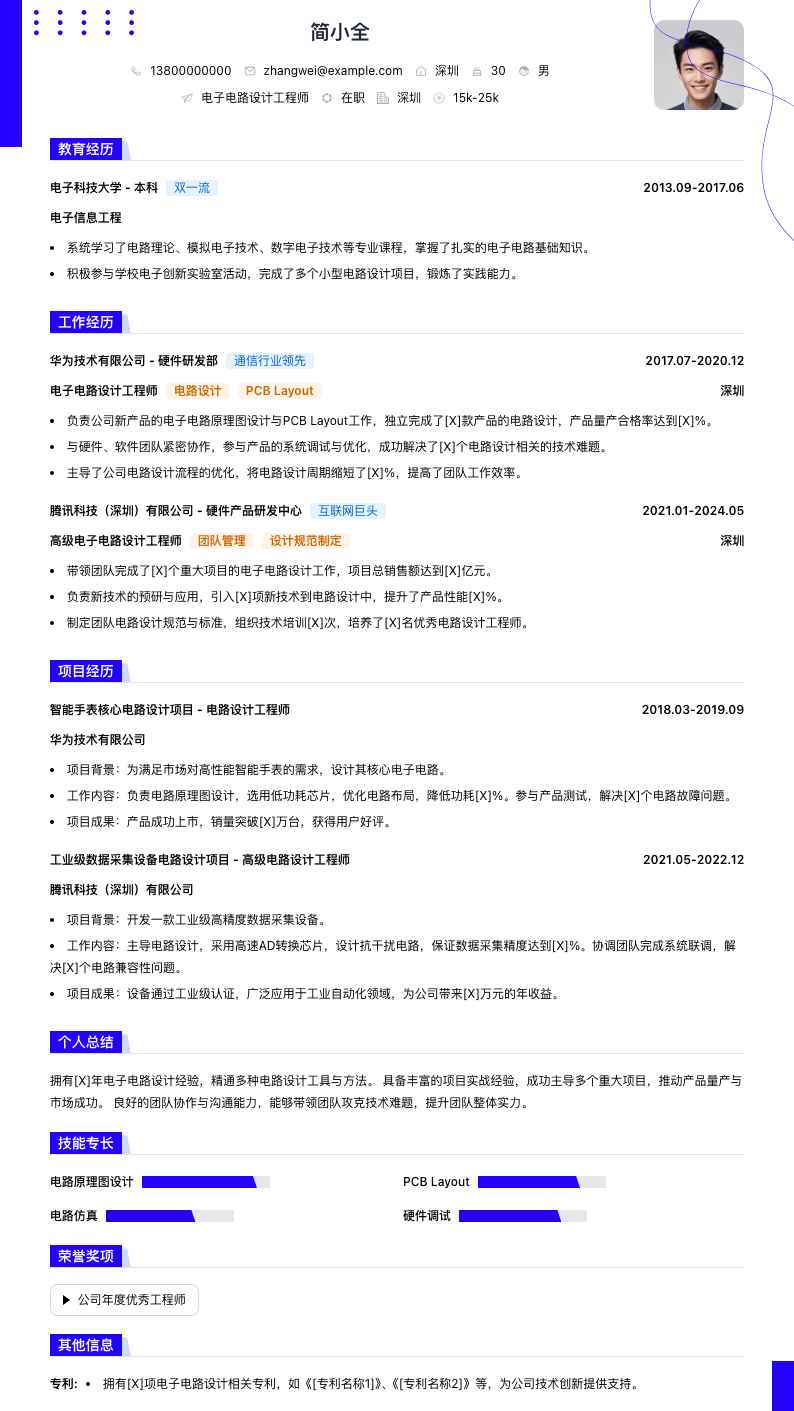 电子电路设计工程师简历模板