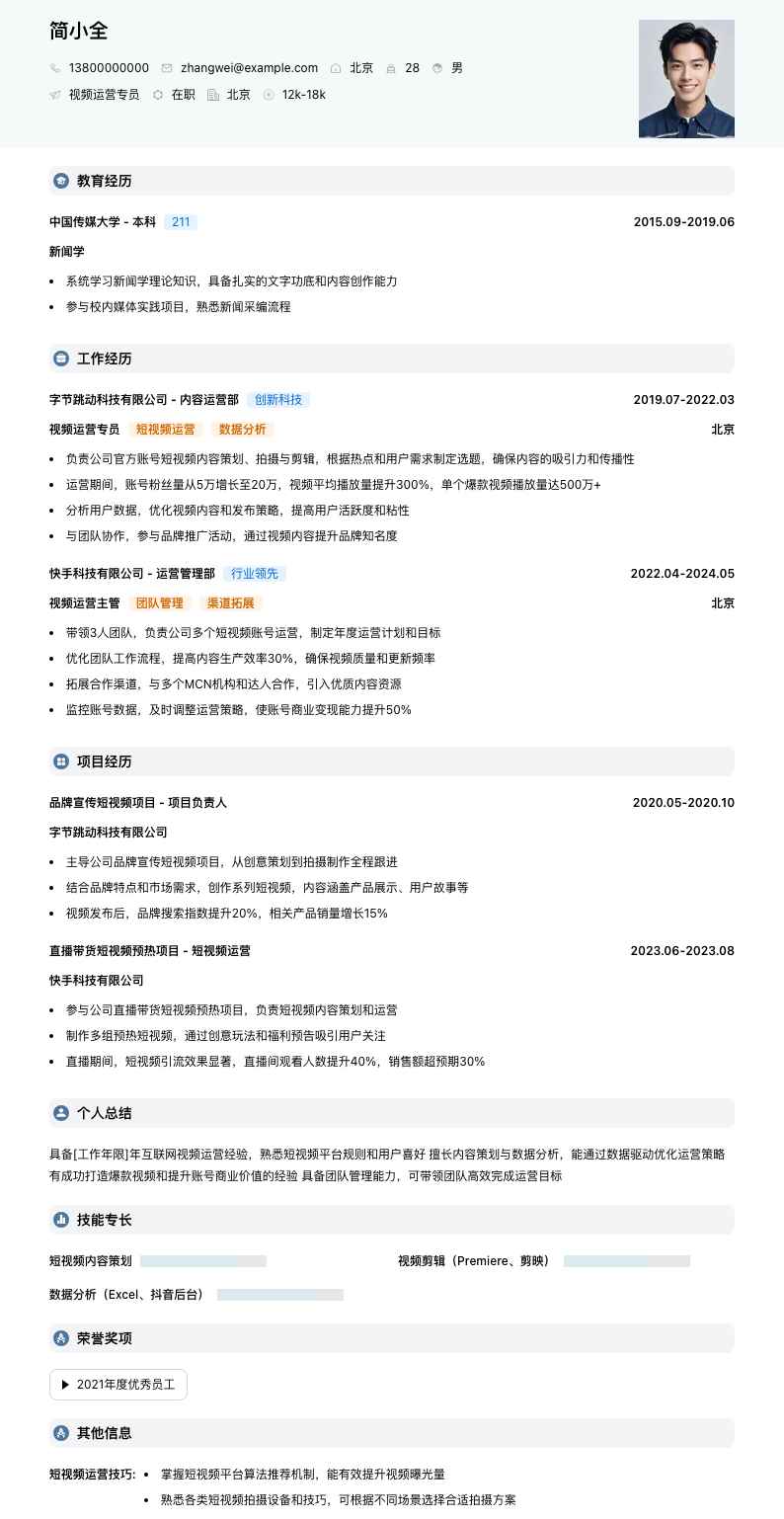 视频运营专员简历模板