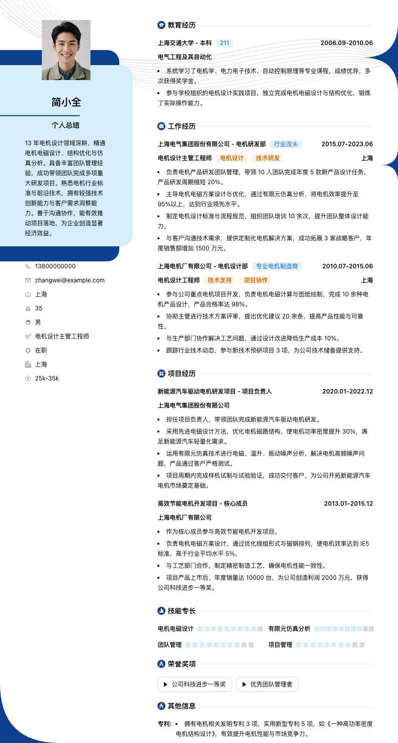 电机设计主管工程师简历模板
