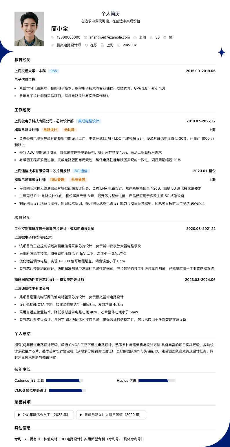 模拟电路设计师简历模板