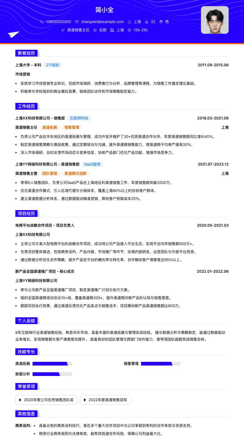 渠道销售主任简历模板