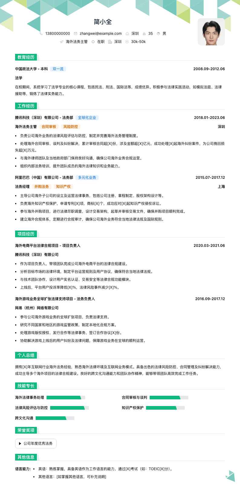 海外法务主管简历模板