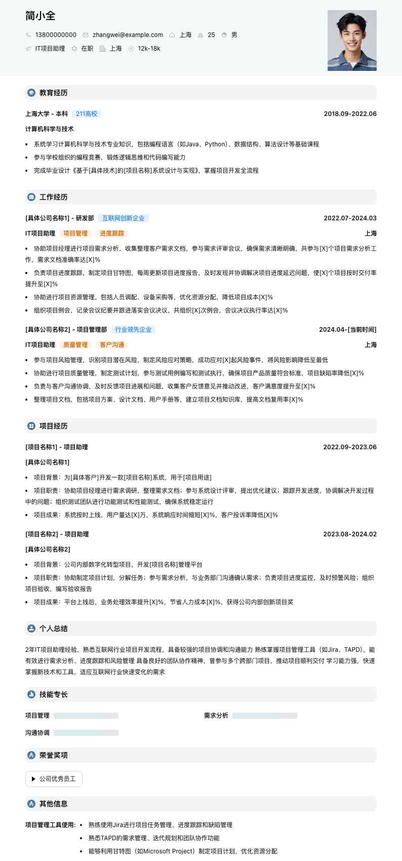 it项目助理简历模板