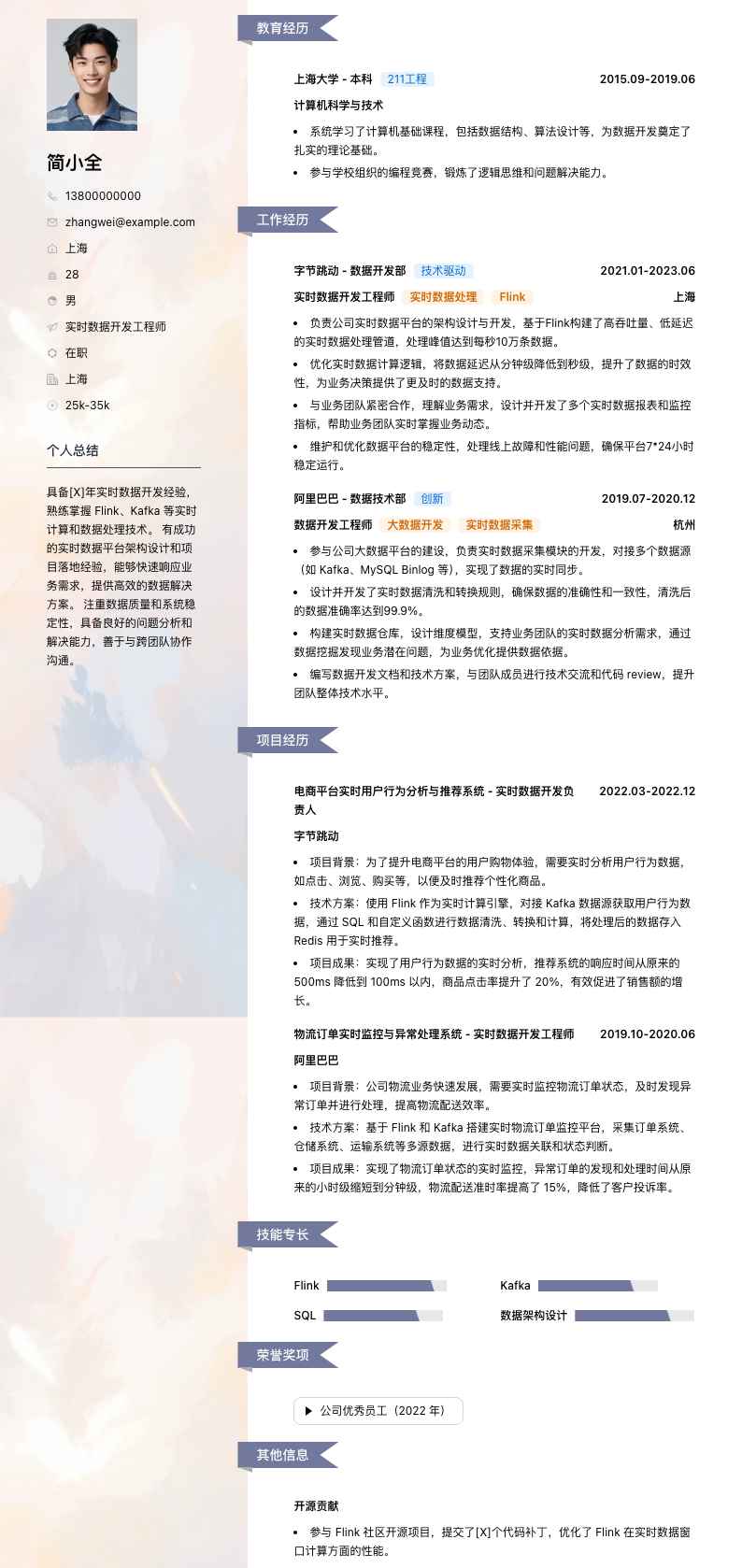 实时数据开发简历模板