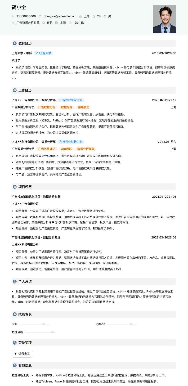 广告数据分析专员简历模板