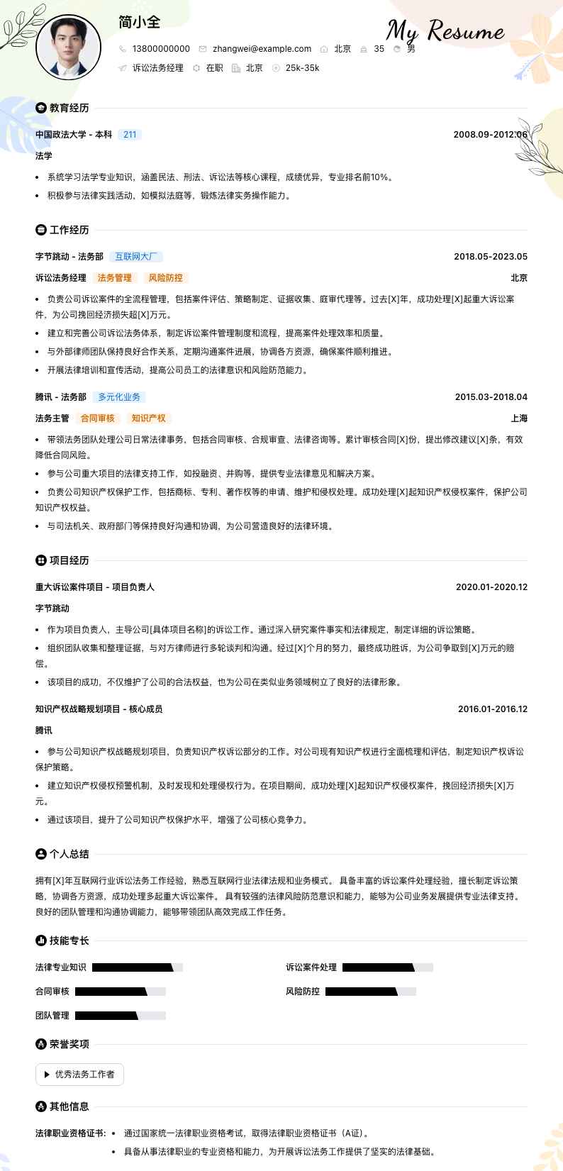 诉讼法务经理简历模板