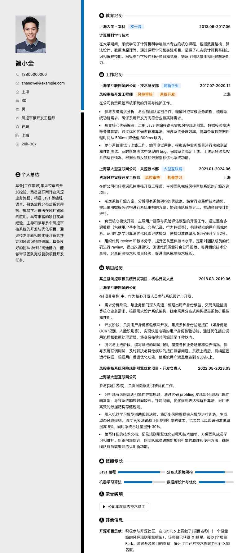 风控审核简历模板