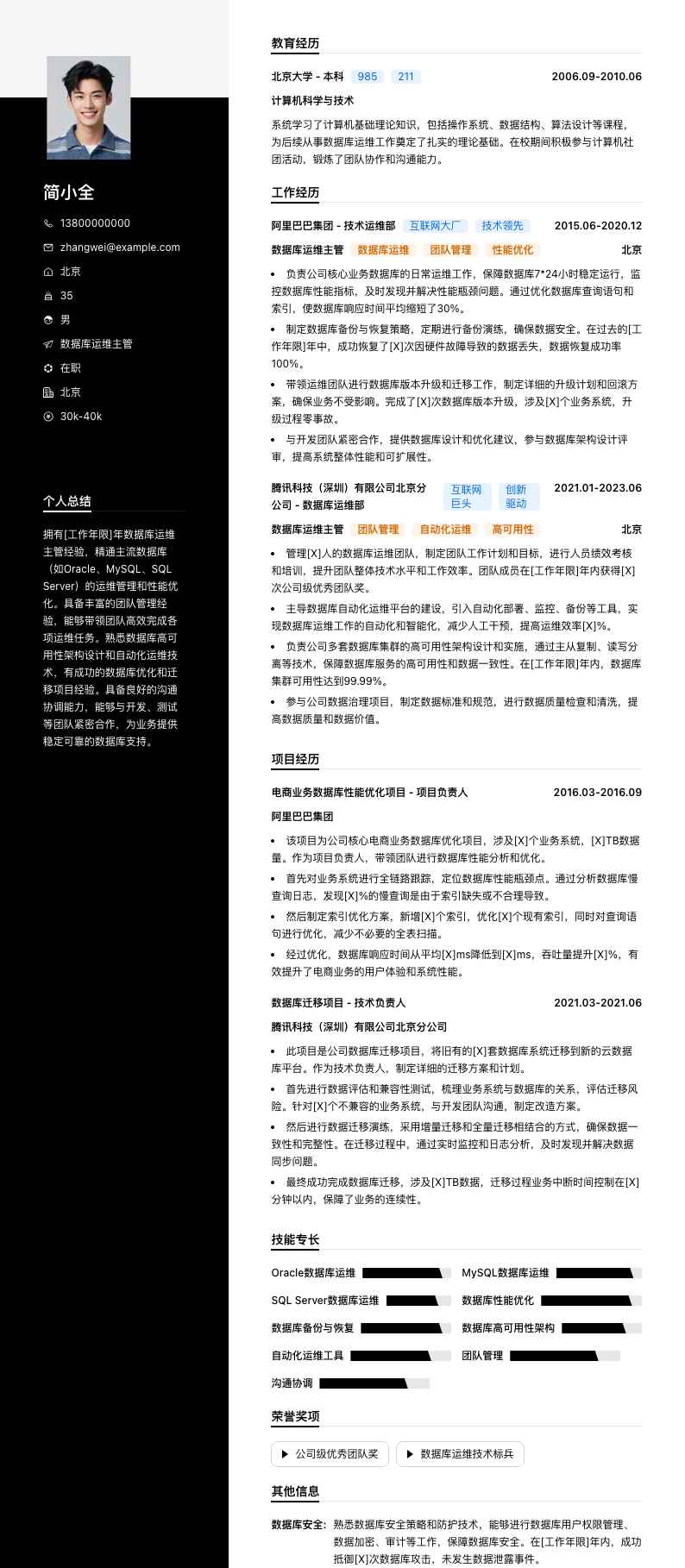 数据库运维主管简历模板