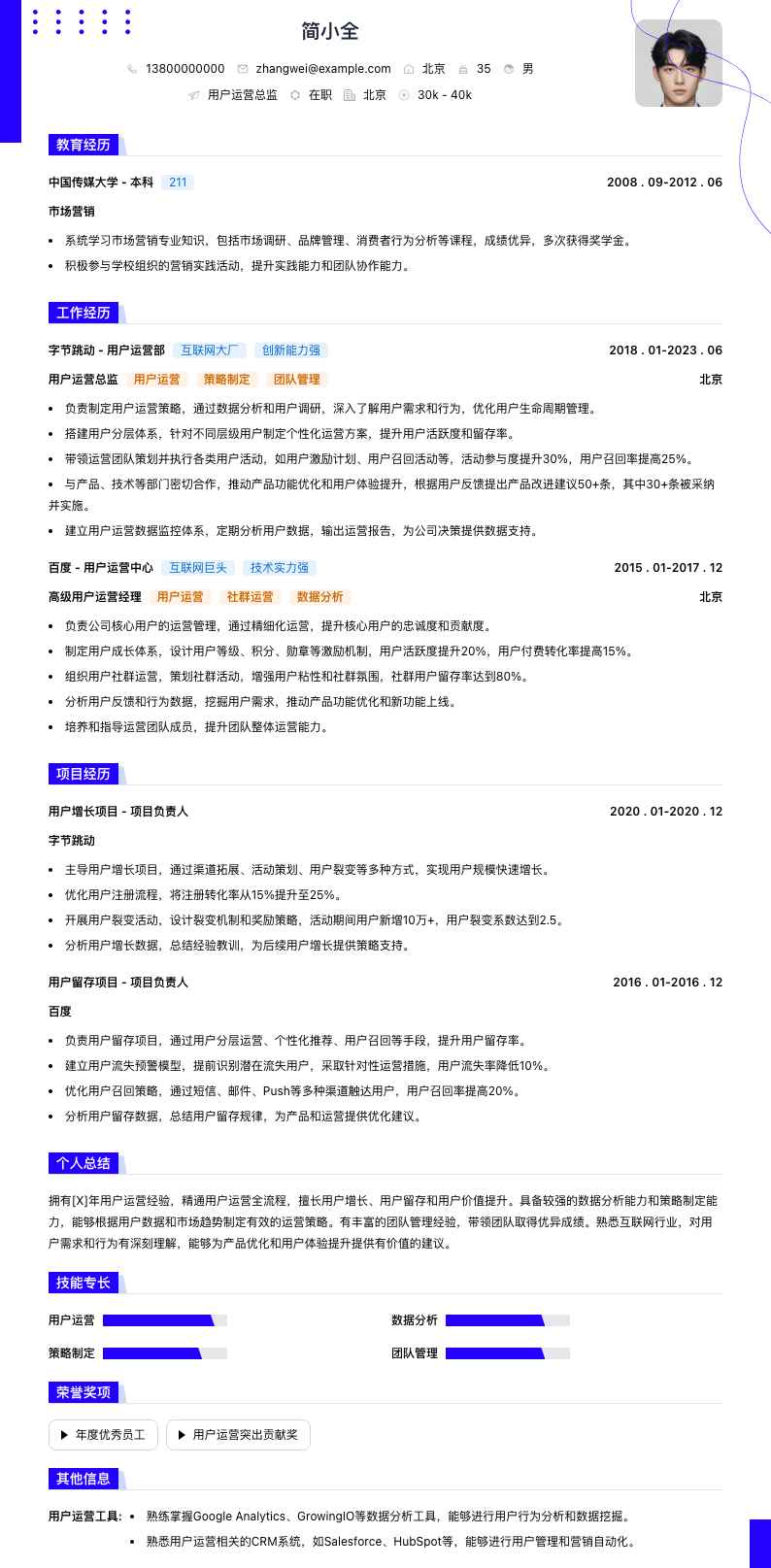 用户运营总监简历模板