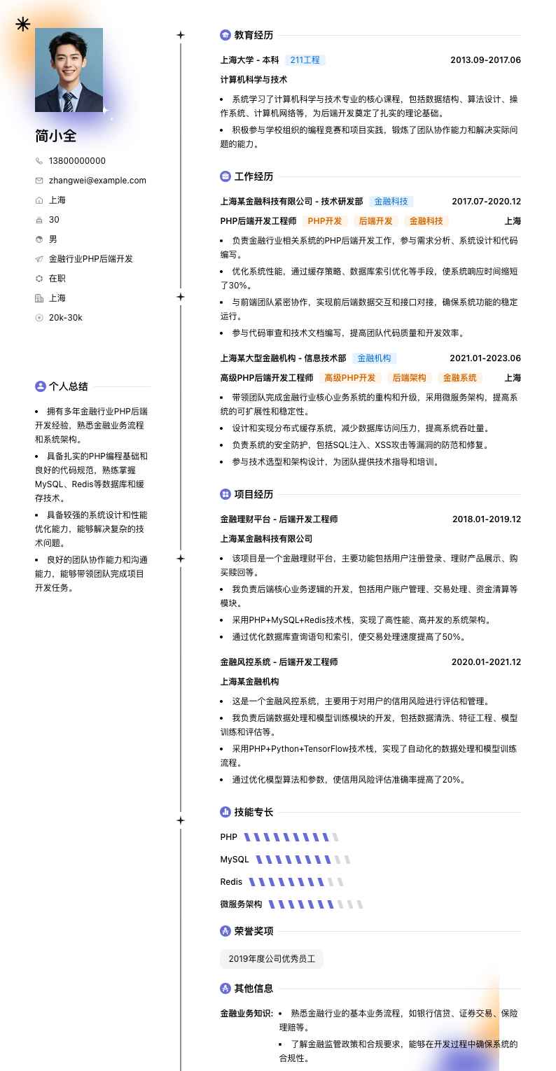 金融行业PHP后端开发简历模板