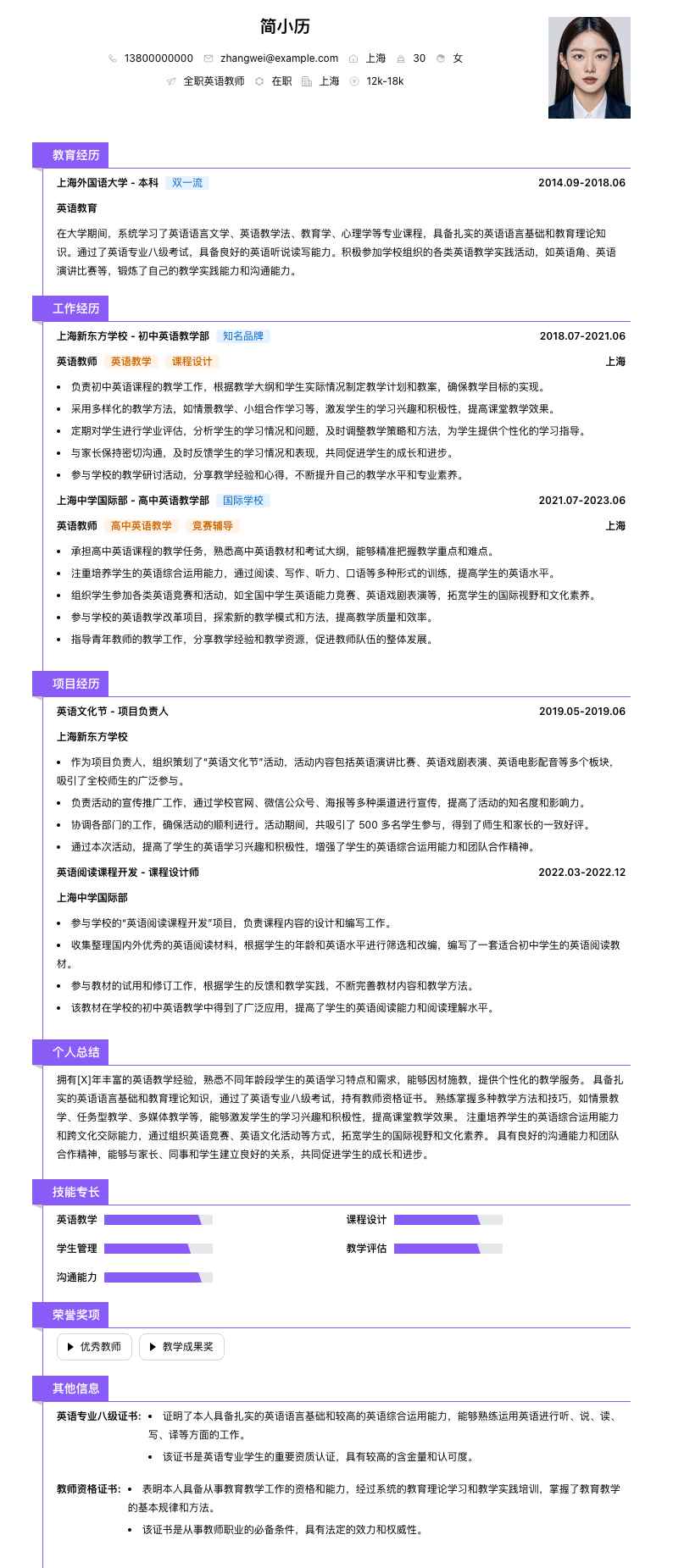 全职英语教师简历模板