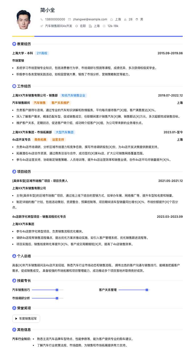 汽车销售顾问4s简历模板