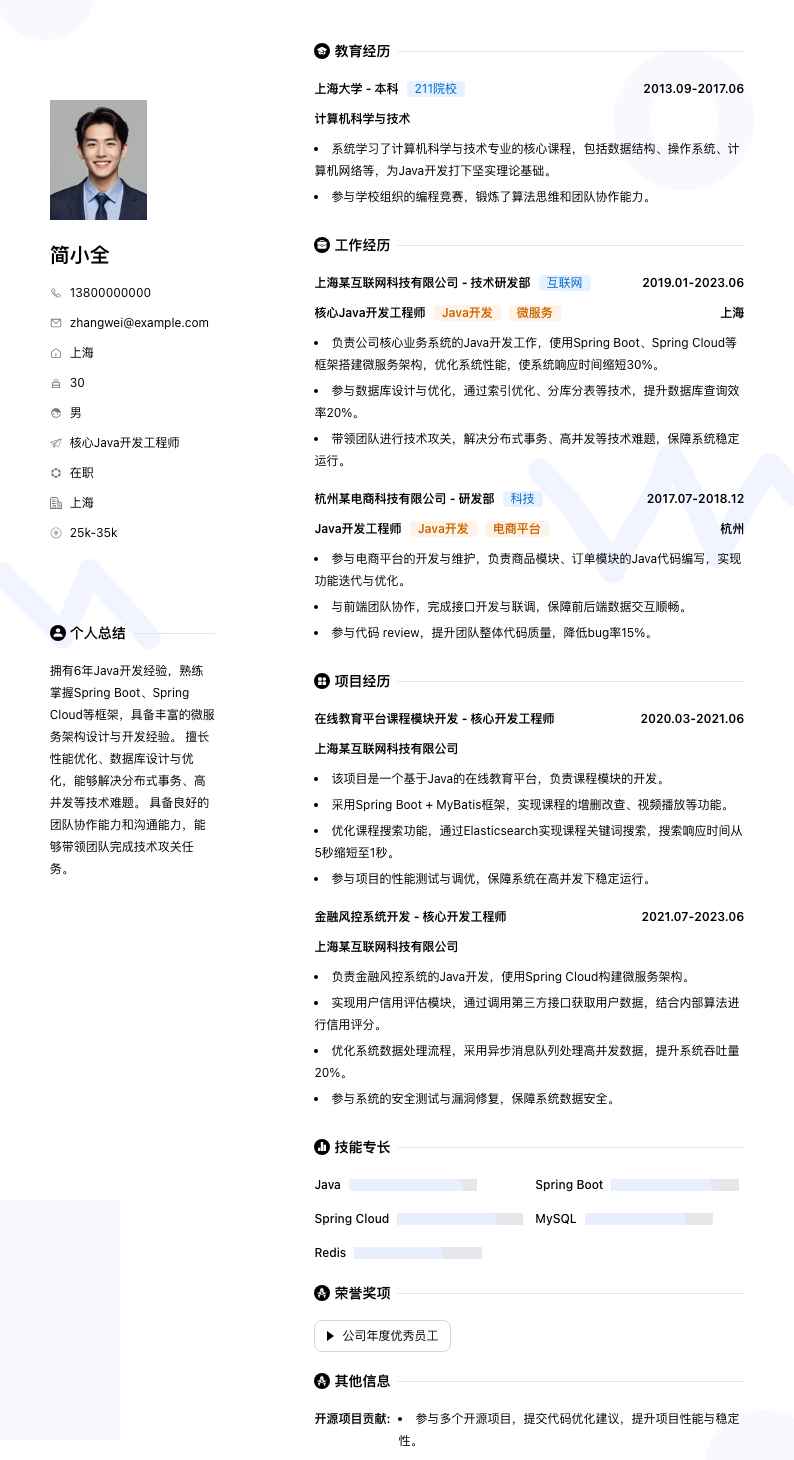 核心java开发工程师简历模板