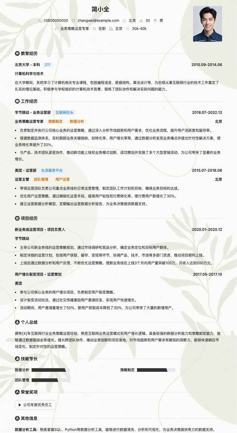 业务策略运营专家简历模板