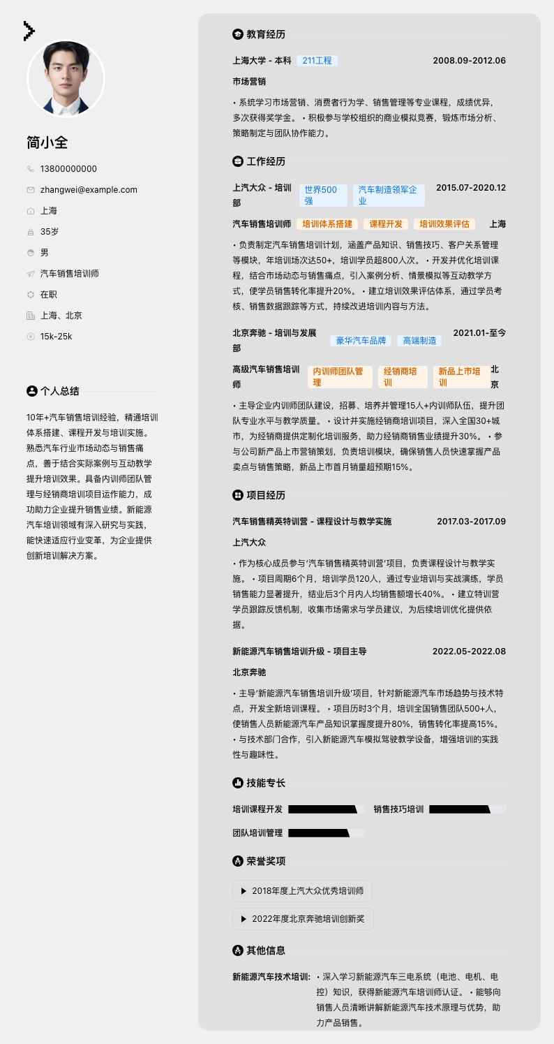 汽车销售培训师简历模板