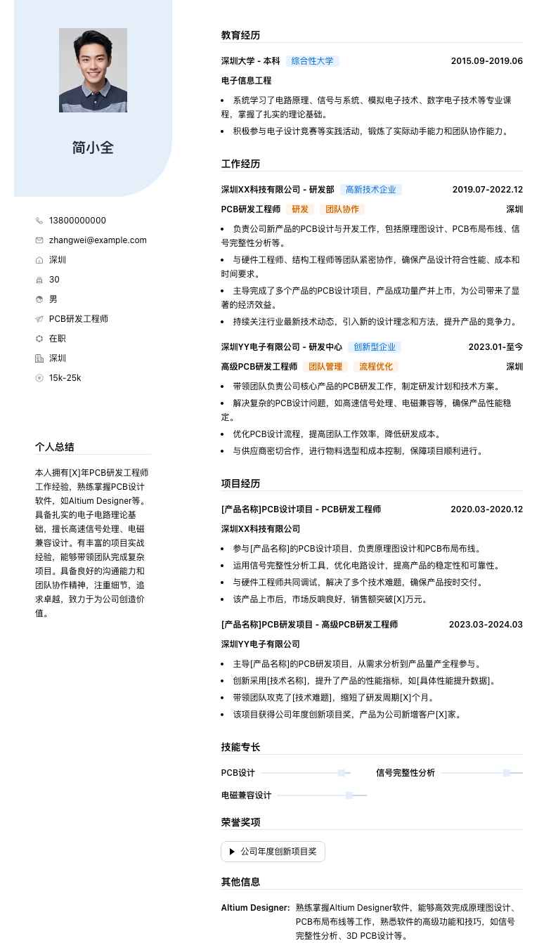 pcb研发工程师简历模板