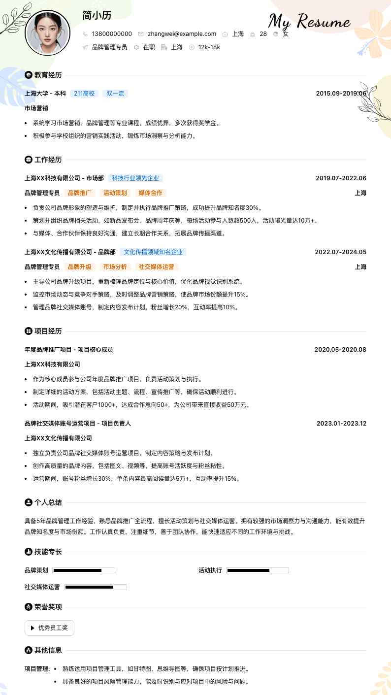 品牌管理专员简历模板