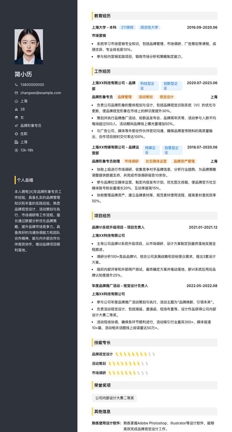 品牌形象专员简历模板