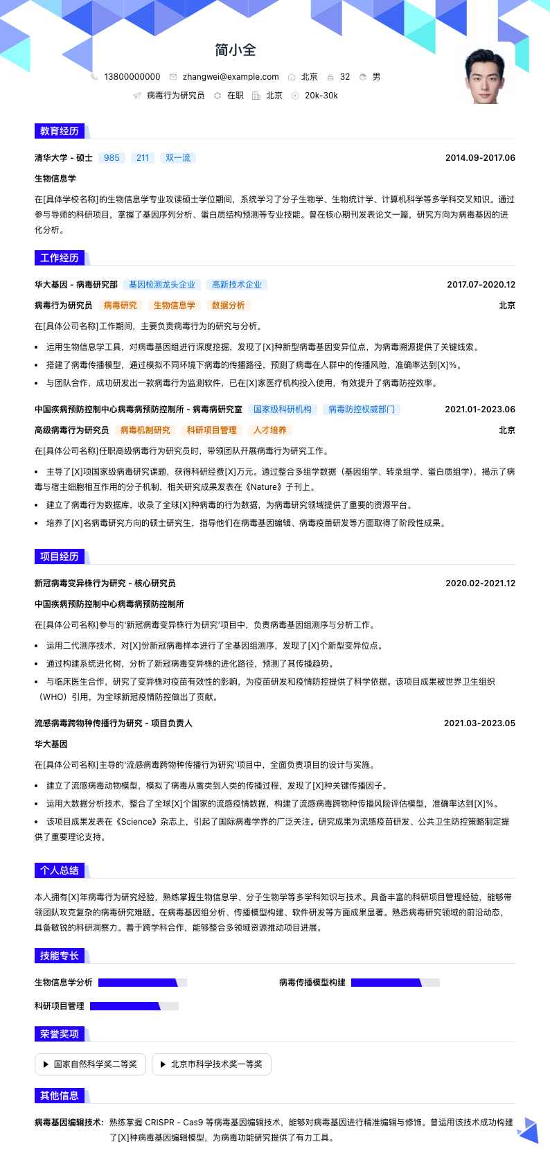 病毒行为研究员简历模板