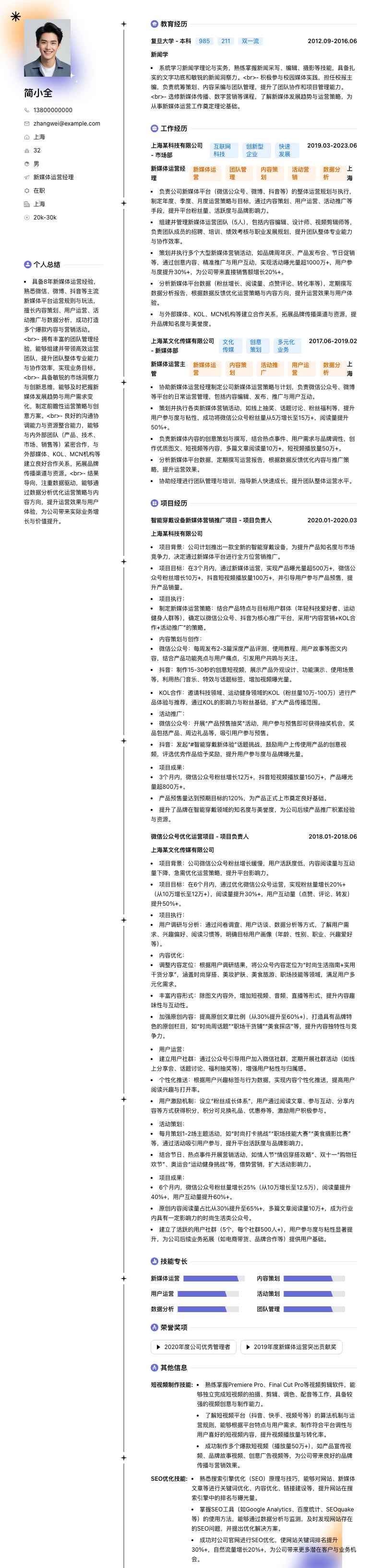 新媒体运营经理简历模板