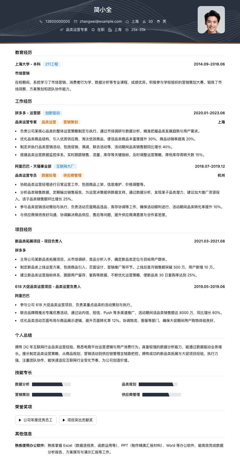 品类运营专家简历模板