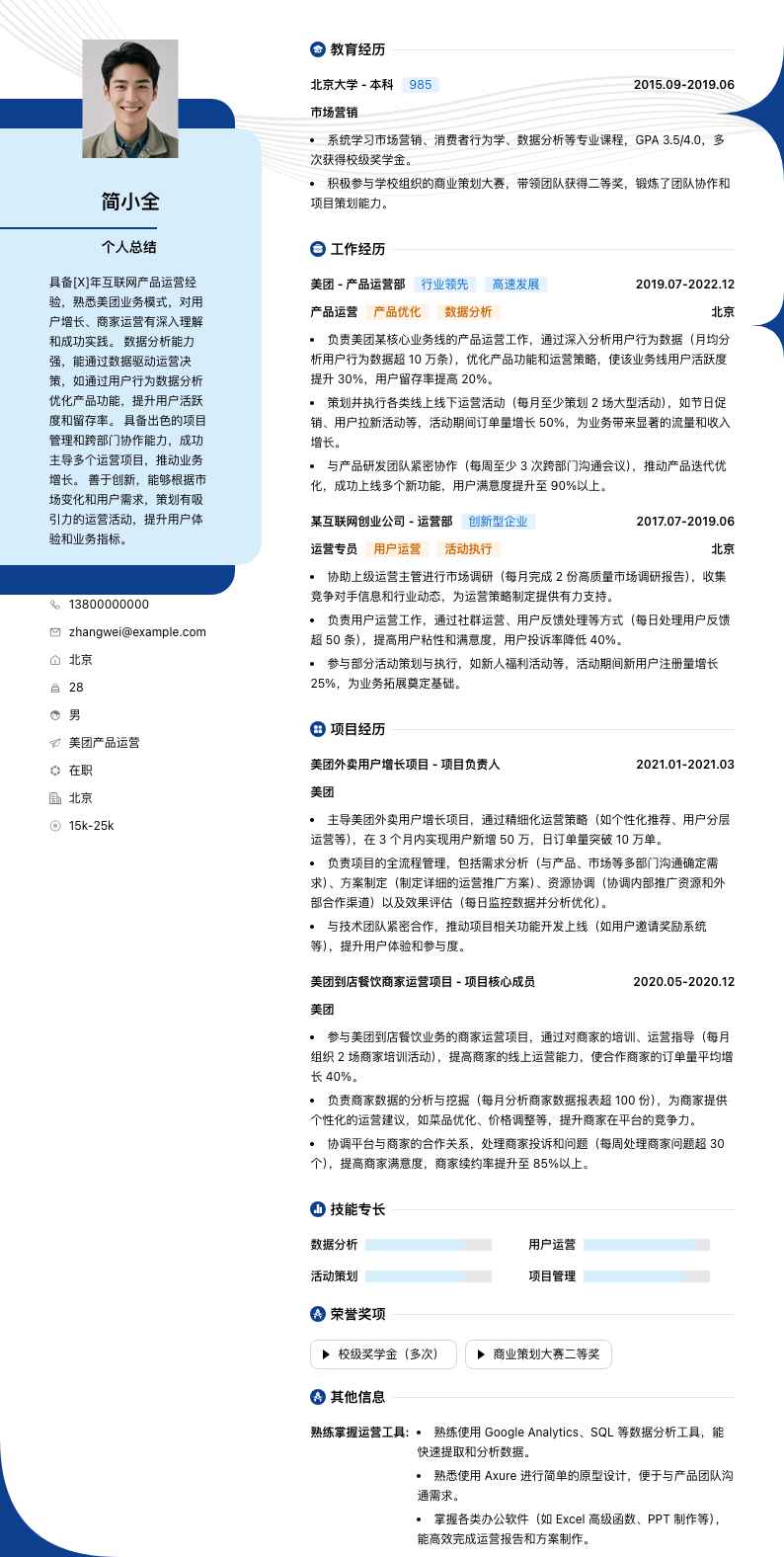 美团产品运营简历模板