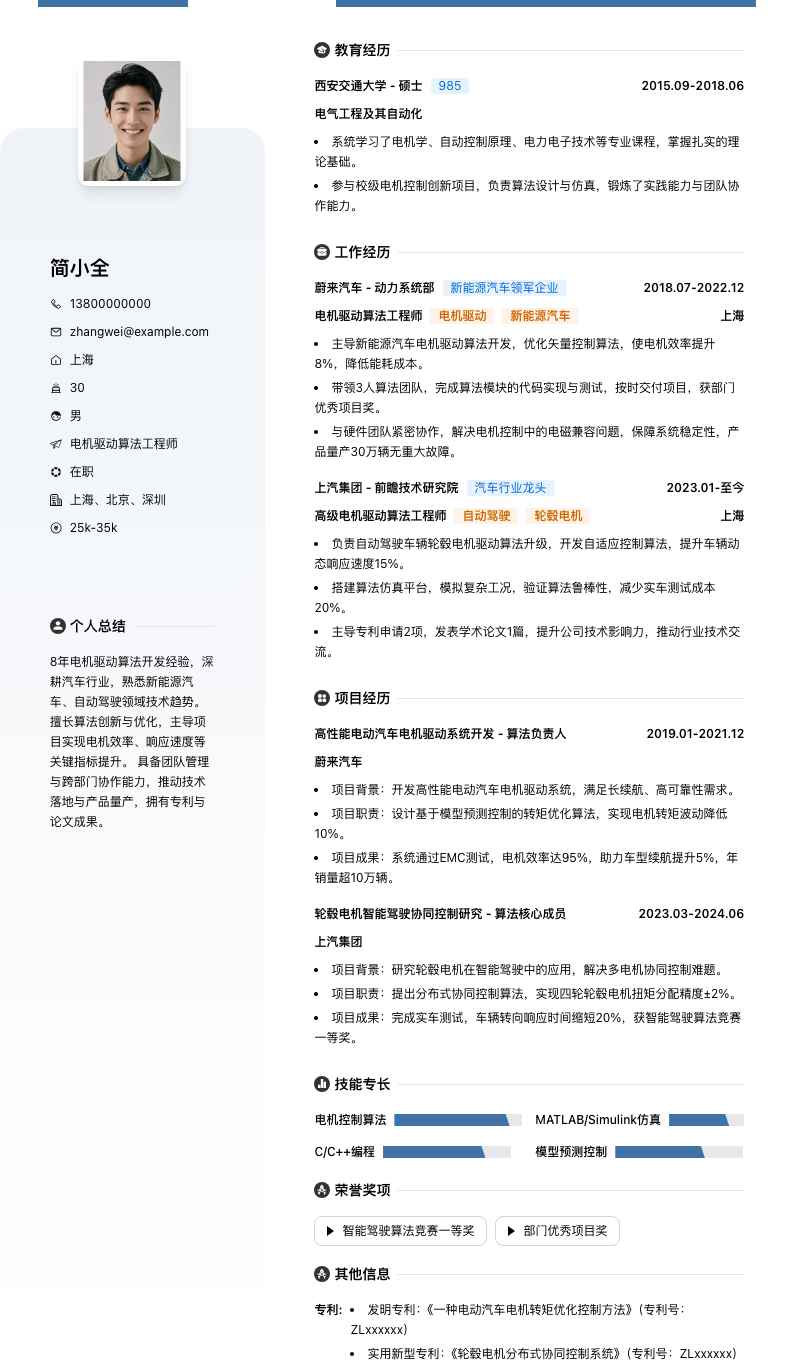 电机驱动算法工程师简历模板