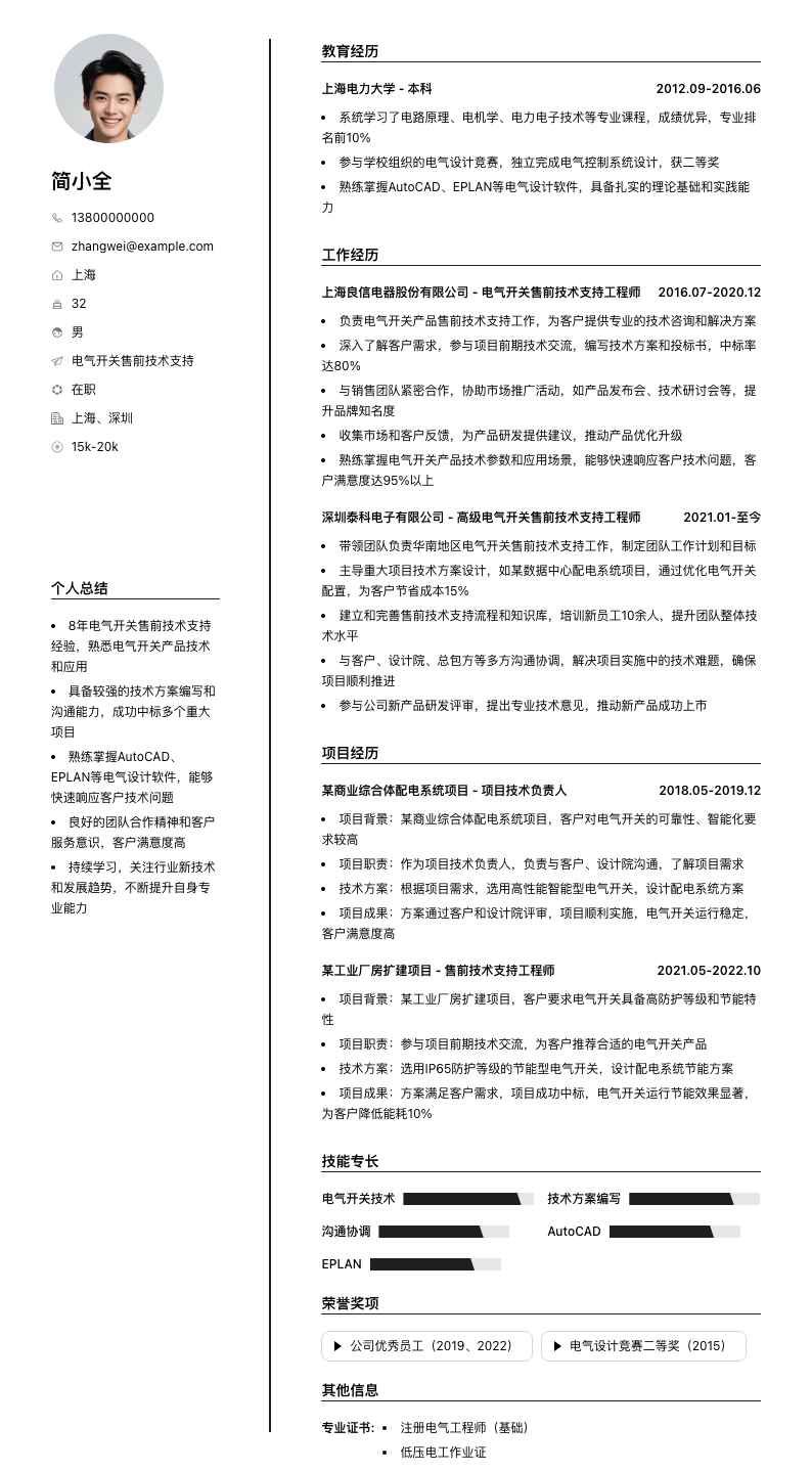 电气开关售前技术支持简历模板