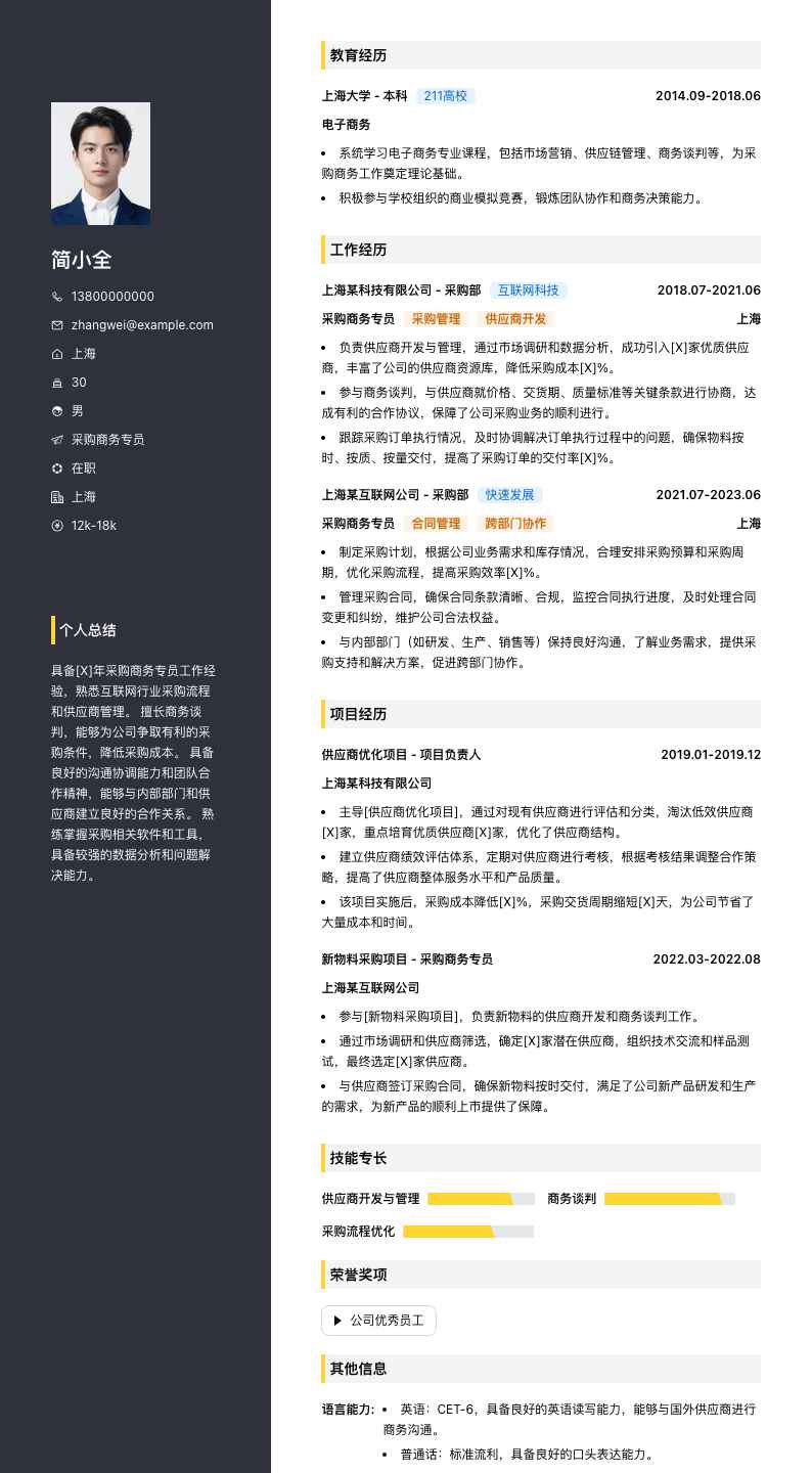 采购商务专员简历模板