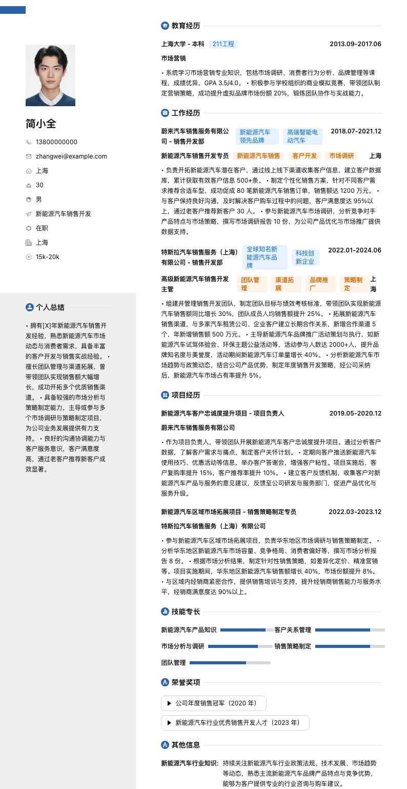 新能源汽车销售简历模板