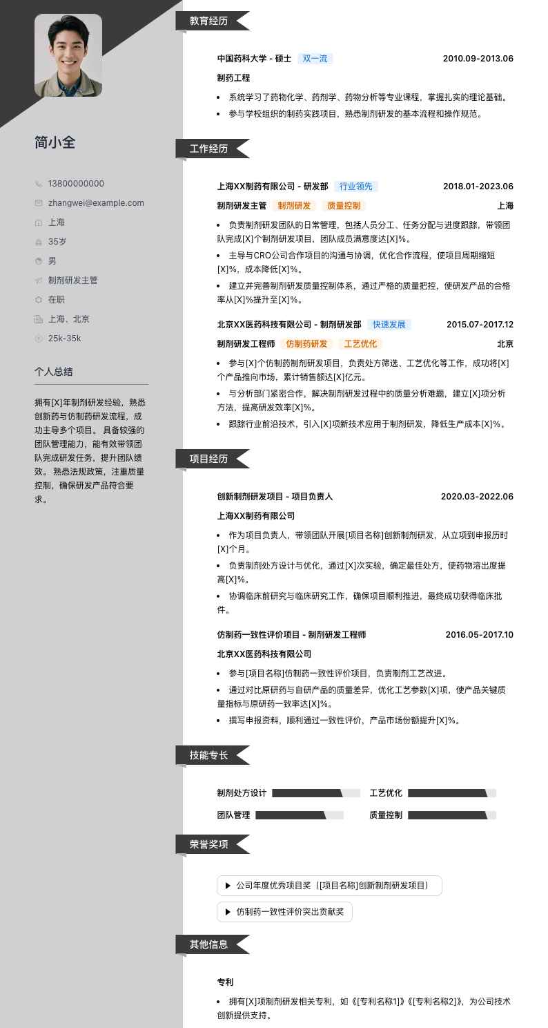 制剂研发主管简历模板