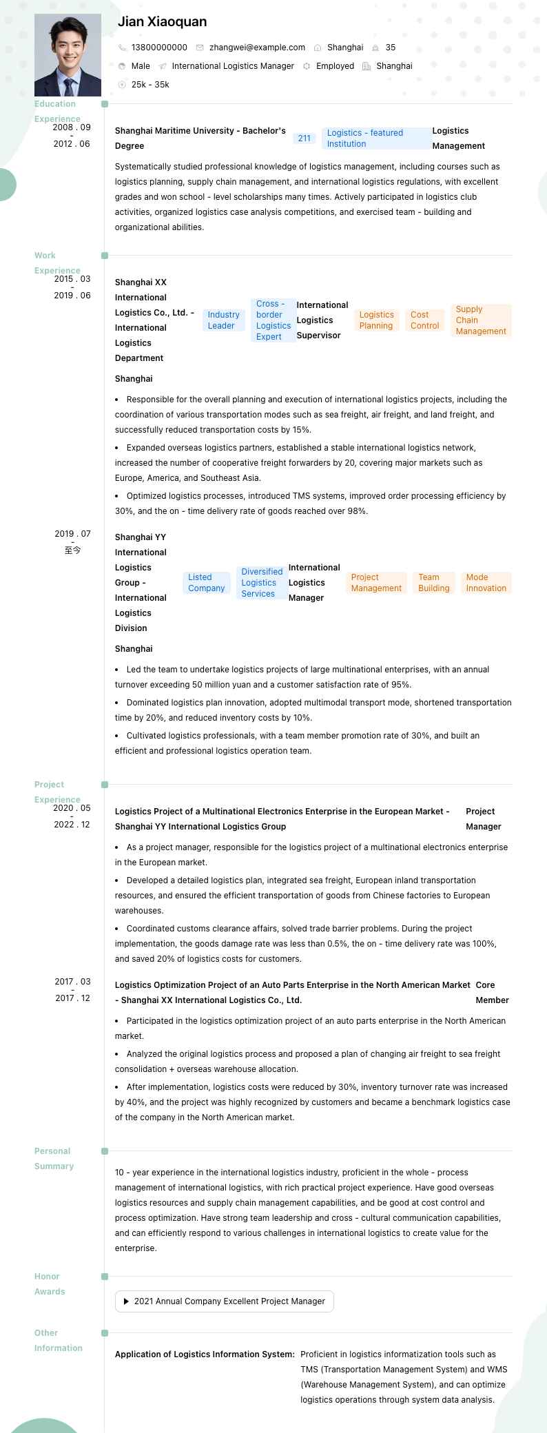 国际物流经理简历模板