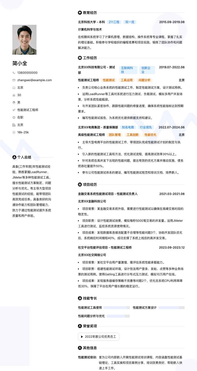 性能测试工程师简历模板